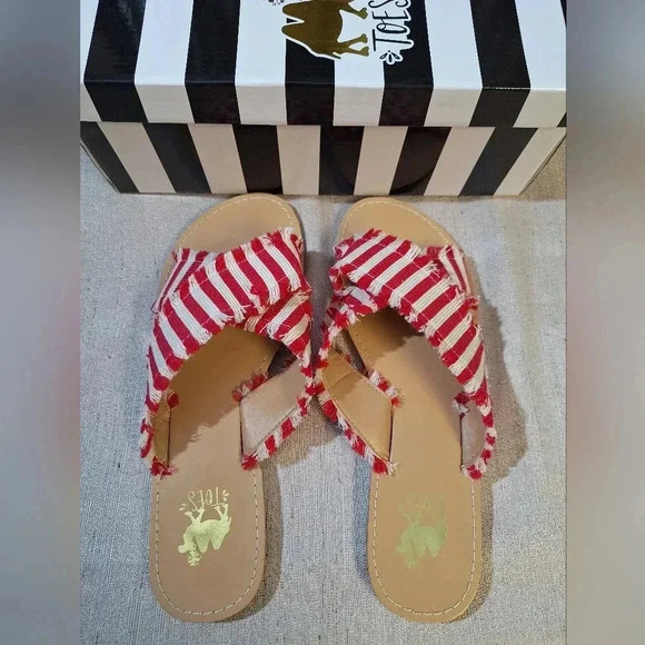 Camel Threads TOES Crossover Open Toe Flipflop Sandals Stripe White Red Fringe - Picture 2 of 9